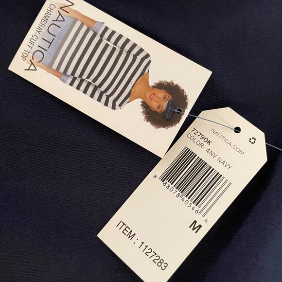 Nautica Navy Top with Chambray cuffed Sleeves, 3/4 Length, Size M,72790K, NWT - Picture 6 of 10